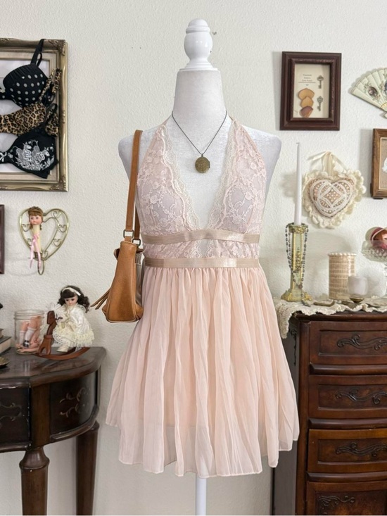 Other - dainty coquette pink sheer lace halter style babydoll slip dress | size M